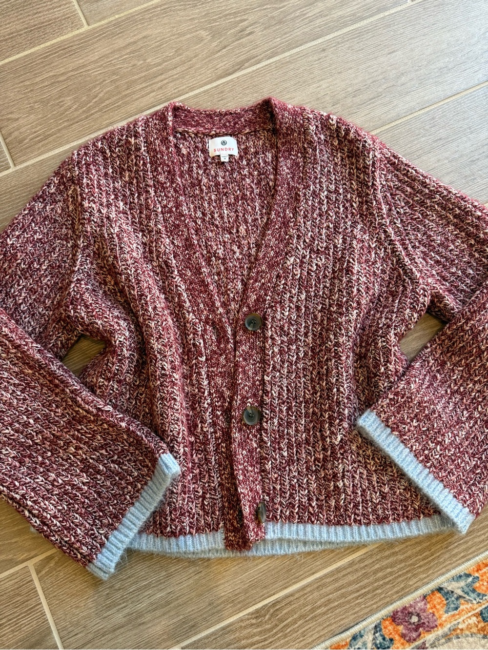 Sundry Marled Burgundy & Cream V-Neck Button Cardigan